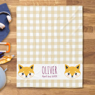 Cute Cartoon Fox Head Gingham Name Birth Fleece Blanket