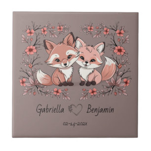 Cute Cartoon Fox Lovers Heart Valentine’s Day Tile