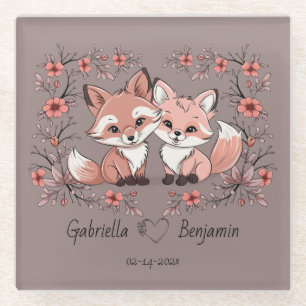 Cute Cartoon Fox Lovers Hearts Valentine’s Day Glass Coaster