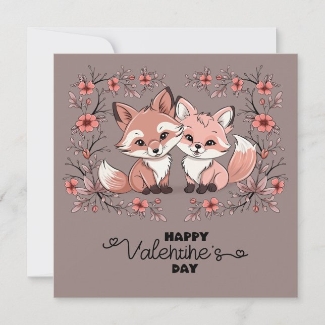 Cute Cartoon Fox Lovers Hearts Valentine’s Day Holiday Card (Front)
