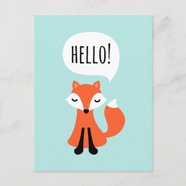 Cute cartoon fox on blue background saying hello postcard (Front)