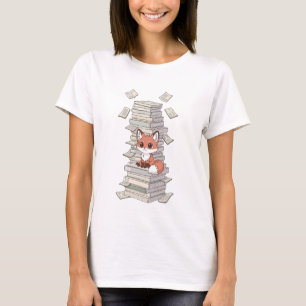 Cute Cartoon Fox Sitting on a Tall Stack of Books T-Shirt