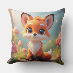 Cute Cartoon Fox Sitting On Forest Path Cushion