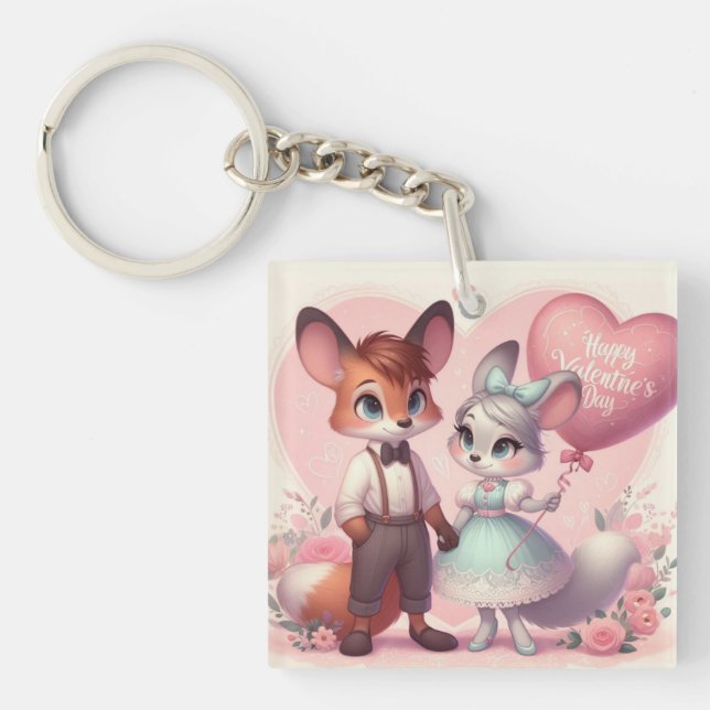 Cute cartoon foxes Valentine's day Key Ring (Front)