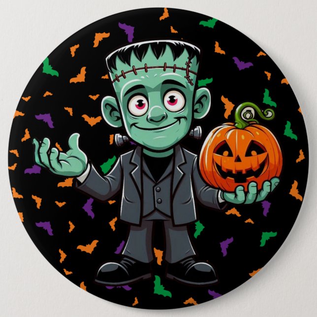 Cute, cartoon Frankenstein's monster button (Front)