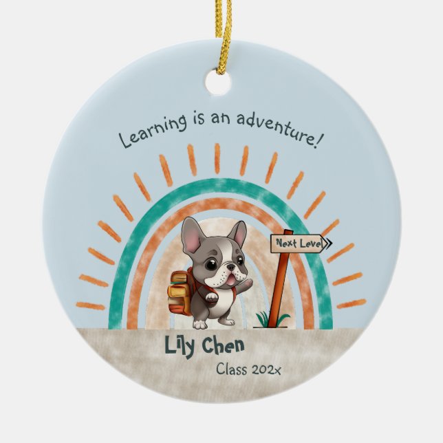 Cute Cartoon French Bulldog Back to School student Ceramic Tree Decoration (Front)