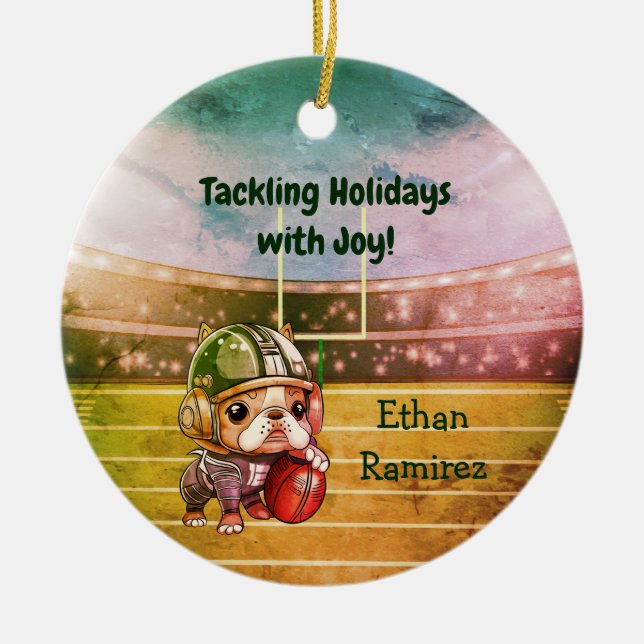 Cute Cartoon French bulldog quarterback holiday  Ceramic Tree Decoration (Front)