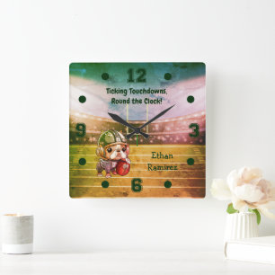 Cute Cartoon French bulldog quarterback Stadium Square Wall Clock