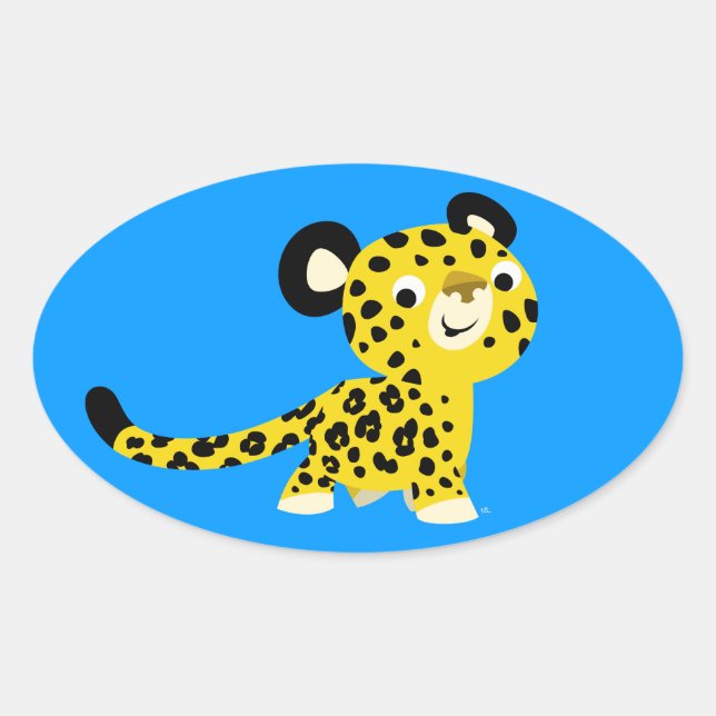 Cute Cartoon Friendly Leopard Oval Sticker (Front)