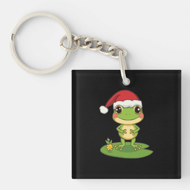 Cute Cartoon Frog Character Wearing a Santa Hat on Key Ring (Front)