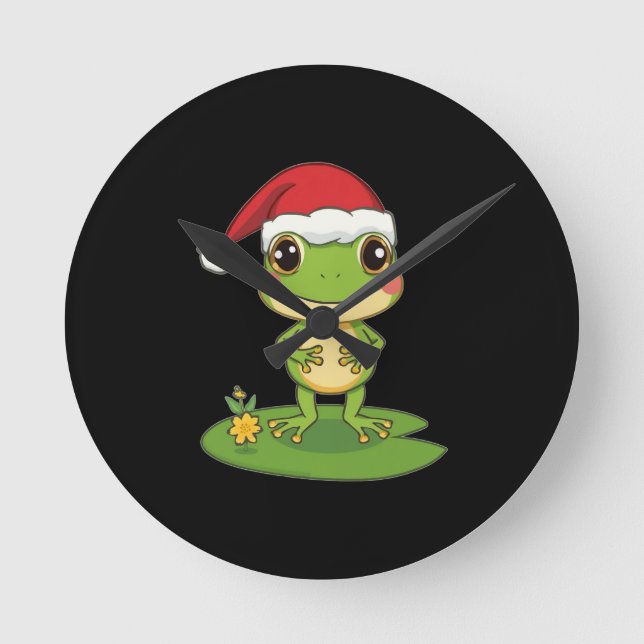 Cute Cartoon Frog Character Wearing a Santa Hat on Round Clock (Front)