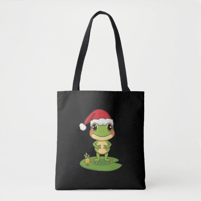 Cute Cartoon Frog Character Wearing a Santa Hat on Tote Bag (Front)