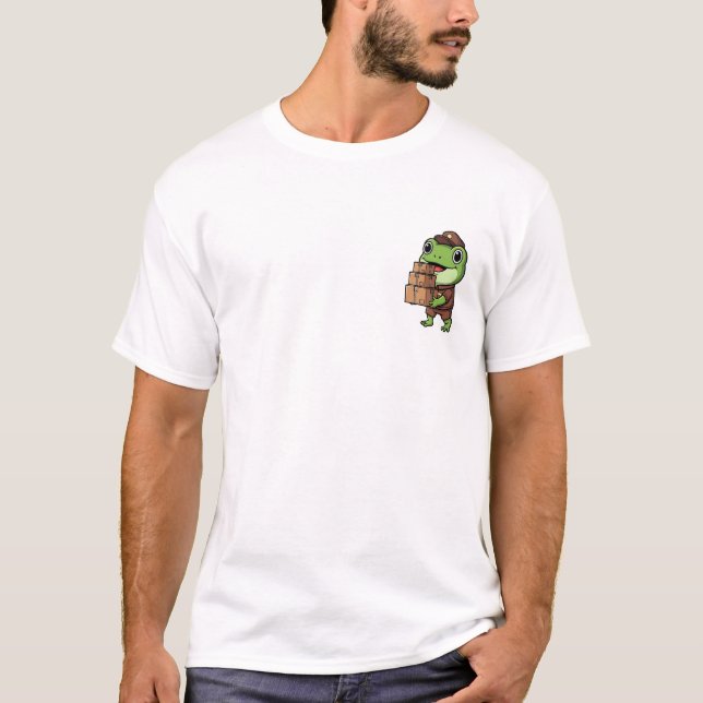 Cute Cartoon Frog Courier Carrying Delivery Boxes T-Shirt (Front)