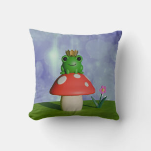 Cute Cartoon Frog Wearing a Crown on a Mushroom Cushion