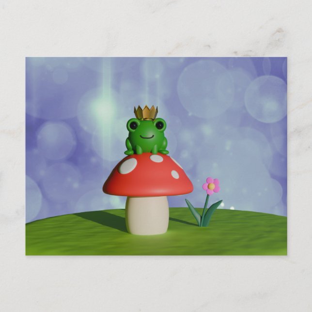 Cute Cartoon Frog Wearing a Crown on a Mushroom Postcard (Front)