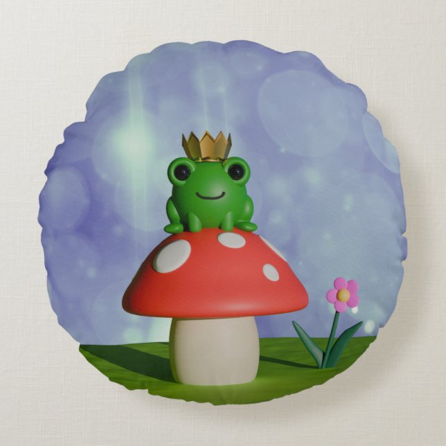 Cute Cartoon Frog Wearing a Crown on a Mushroom Round Cushion (Front)