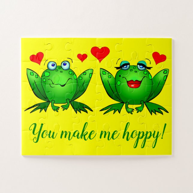 Cute Cartoon Frogs Hearts Cheerful Colourful Jigsaw Puzzle (Horizontal)