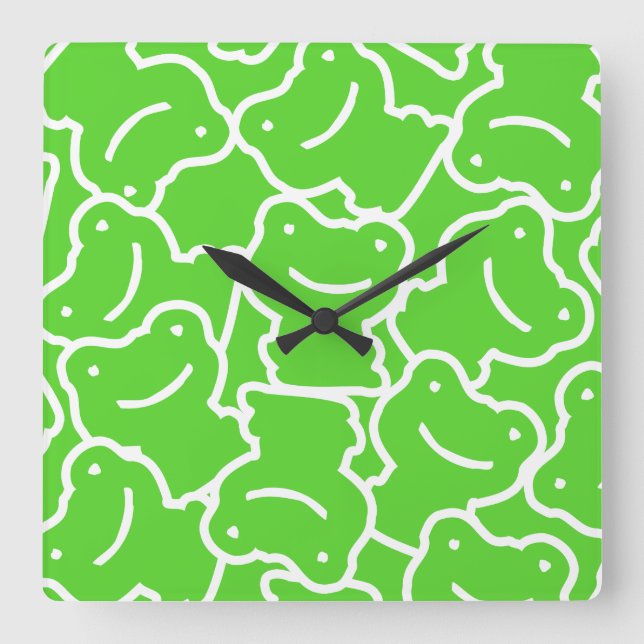 Cute Cartoon Frogs Pattern Green And White Square Wall Clock (Front)