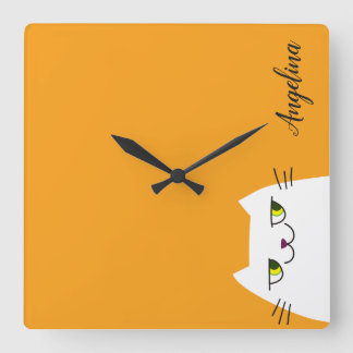 Cute Cartoon Funny White Cat Monogram Yellow Square Wall Clock
