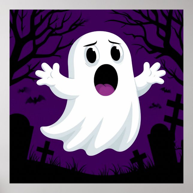 Cute Cartoon Ghost Halloween Spooky Scene Poster (Front)