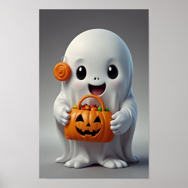 Cute Cartoon Ghost Holding a Trick-or-Treat Bag Po Poster (Front)