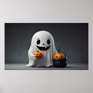 Cute Cartoon Ghost Holding a Trick-or-Treat Bag Poster