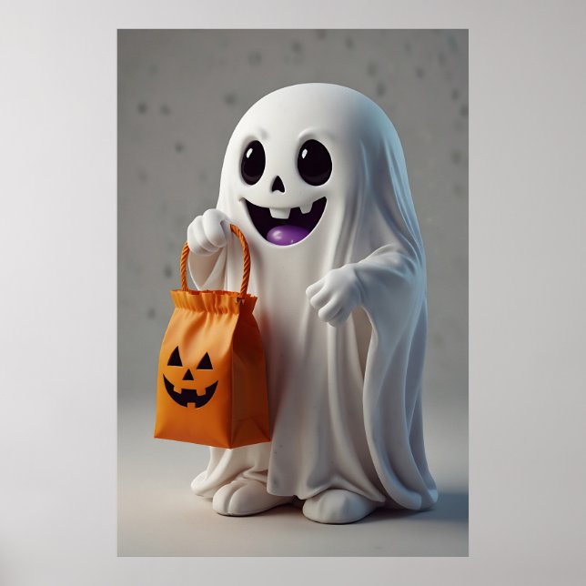 Cute Cartoon Ghost Holding a Trick-or-Treat Bag Poster (Front)