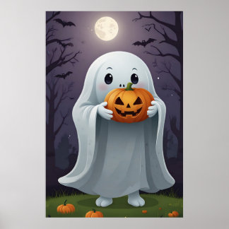 Cute Cartoon Ghost Holding a Trick-or-Treat Bag Poster
