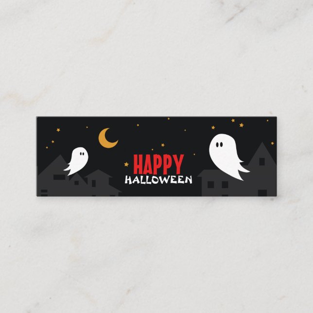 Cute cartoon ghost in town halloween night  mini business card (Front)