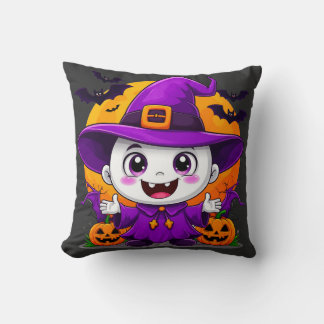 Cute Cartoon Ghost in Witch Hat Cushion