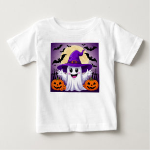 Cute Cartoon Ghost in Witch Hat with Pumpkins Baby T-Shirt