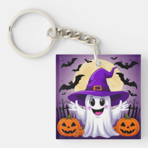 Cute Cartoon Ghost in Witch Hat with Pumpkins Key Ring