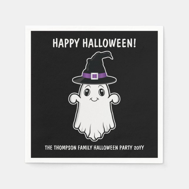 Cute Cartoon Ghost Spirit With Witch Hat Halloween Napkin (Front)