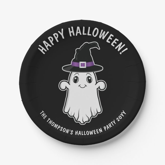 Cute Cartoon Ghost Spirit With Witch Hat Halloween Paper Plate (Front)