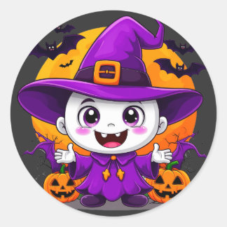 Cute Cartoon Ghost Witch Hat Halloween Classic Round Sticker