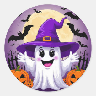Cute Cartoon Ghost Witch Hat Pumpkin Halloween Classic Round Sticker
