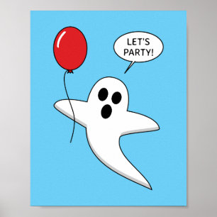 Cute Cartoon Ghost with Red Balloon Poster