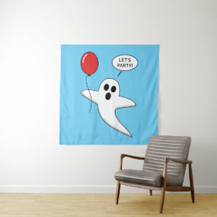Cute Cartoon Ghost with Red Balloon Tapestry