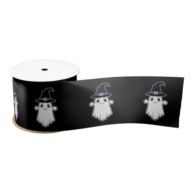 Cute Cartoon Ghost With Witch Hat Halloween Black Satin Ribbon (Spool)