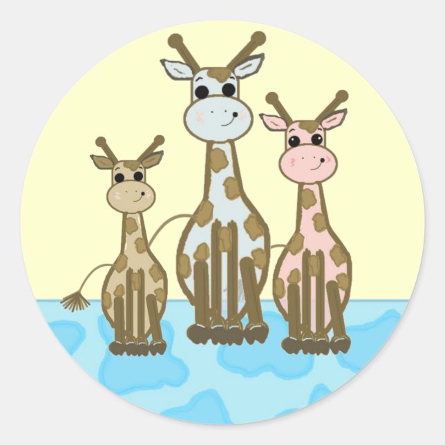 Cute Cartoon Giraffe family Classic Round Sticker (Front)