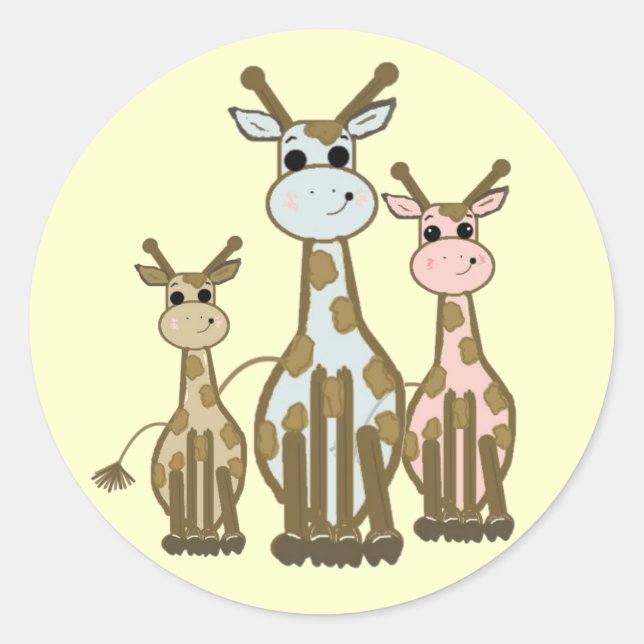 Cute Cartoon Giraffe Family Classic Round Sticker (Front)