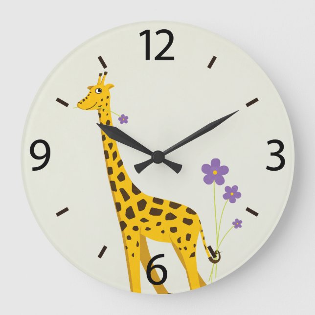 Cute Cartoon Giraffe Flowers Large Clock (Front)