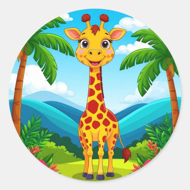 Cute Cartoon Giraffe in a Tropical Landscape Classic Round Sticker (Front)