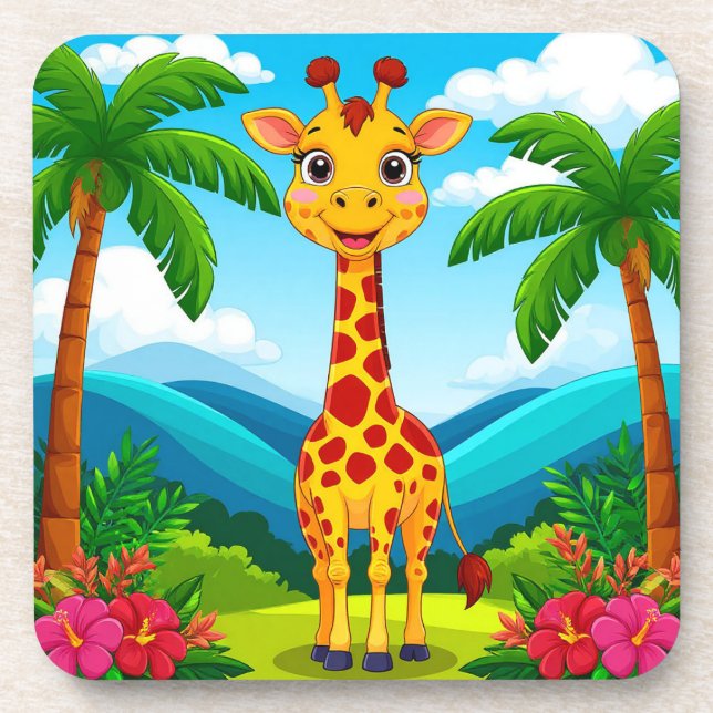 Cute Cartoon Giraffe in a Tropical Landscape Coaster (Front)
