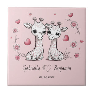 Cute Cartoon Giraffe Lovers Heart Valentine’s Day Tile