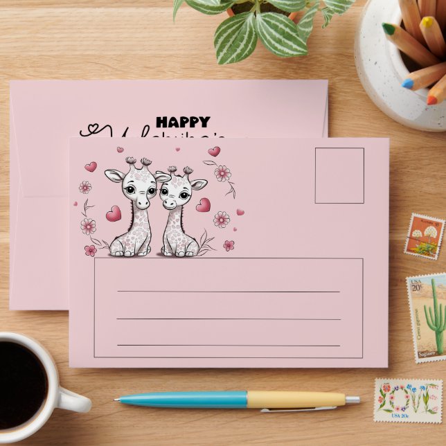 Cute Cartoon Giraffe Lovers Hearts Valentine’s Day Envelope (Desk)