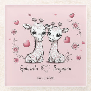 Cute Cartoon Giraffe Lovers Hearts Valentine’s Day Glass Coaster