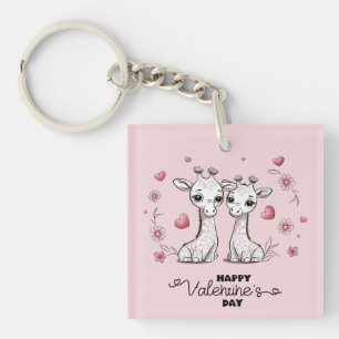 Cute Cartoon Giraffe Lovers Hearts Valentine’s Day Key Ring
