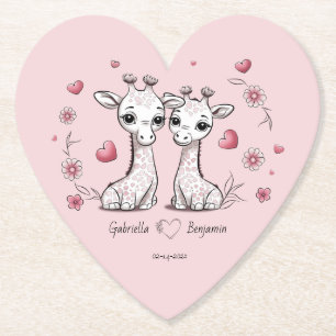 Cute Cartoon Giraffe Lovers Hearts Valentine’s Day Paper Coaster