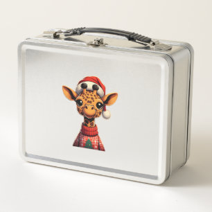Cute Cartoon Giraffe With Santa Hat Christmas Xmas Metal Lunch Box